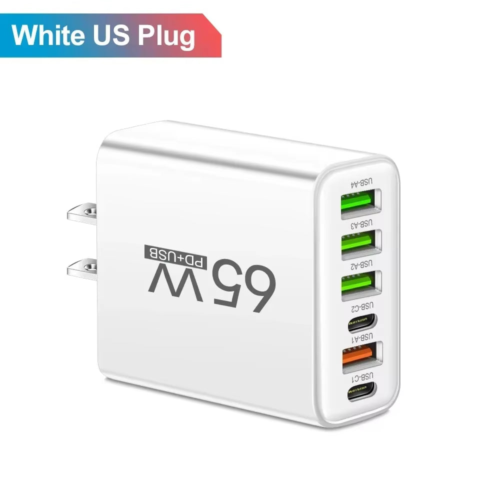65W USB C Charger PD Fast Charging Mobile Cell Phone Type C Multiple 6 Ports Wall Adapter for Iphone 15 16 Xiaomi Huawei Samsung